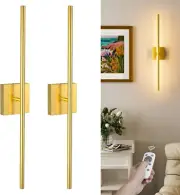 Battery Operated Wall Sconce Set of Two, Gold Rechargeable Wall Lights with Remo