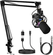 socodox XLR/USB Dynamic Microphone Kit, 1-Touch Noise Cancellation Podcast Microphone, Independent Volume Control Gaming Microphone with Boom Arm