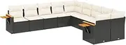 vidaxl Garden Sofa Set with Cushions - Modular 10 Piece Black Poly Rattan, Durable Weather-Resistant Seating for Patio/Terrace, Includes Foldable Side Table and Storage Function