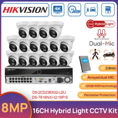 Hikvision 4K 16CH Security Camera System 8MP Hybrid Light POE CCTV Camera 2.8mm