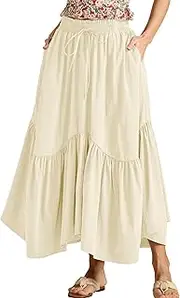 [Ausing] Women Vintage Skirt High Waist Skirts Flowy Irregular Hem Maxi Skirt Beach Elastic Waisted Long Skirt Solid Color Summer Long Skirts with Pockets S-L