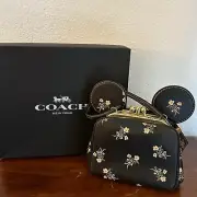 Coach X Disney Kisslock Floral Bag With Mickey/ Minnie Mouse Ears Black Leather