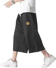 [DOSLAVIDA] Men's Linen Harem Capri Pants Loose Fit Yoga Beach Shorts Elastic Waist Wide Leg Baggy Cropped Trousers