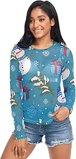 [RPLIFE] Winter Cute Snowman Blue Mesh Sleeve Tops for Women, Sheer Sleeve Top S-XXL