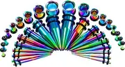 [ele ELEOPTION] Fashionable Ear Gauge Stretching Kit 14G-00G for Women Men Stainless Steel Tunnels Tapers and Ear Gauge Plugs Set Eyelet Ear Stretching Piercing Set, 36Pcs (Rainbow)