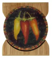 Counter Art Red Yellow Orange Peppers Round Stone Coasters Set 4 Wooden Holder