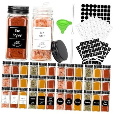 36 Pack 4oz Glass Spice Jars, Square Spice 4oz - 36 Pack - Black Lids