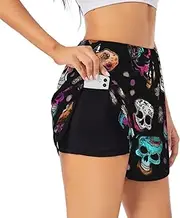 [WURTON] Sugar and Skulls Style Print Exercise Gym Workout Shorts Women's Athletic Shorts Dual-Layered Yoga Running Shorts
