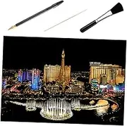 HEALSOPTHY 1 Set DIY Scratch Picture Night View Scratching Drawing Paper with Bamboo Stick Gold Plated Pen Brush Create Stunning Las Vegas Artworks for Home Decoration