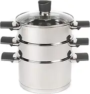 [Russell Hobbs] RH01170EU Excellence 3 Tier Steamer – 18 cm Cooking Pots with Tempered Glass Lid, Non-Stick Coating, Stainless Steel, Vegetable Steaming Pan, Induction Suitable, Soft Touch Handles