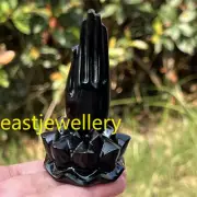 3" Natural Obsidian Lotus hand Quartz Skull Crystal Skull Figurines Decor 1PC