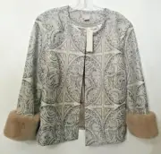 NWT Chico's Jacquard Jacket with removable Faux Fur Cuff and Scarf Size 2/L/14