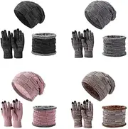 [Generic] W Knitted Beanie and Scarf Gloves Set Thick Fleece Lined Warm Cap Neck Warmer Screen Gloves for Men Women