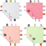 WILLBOND 4 Pieces Baby Tag Security Blanket Plush Soft Soothing Sensory Comforter Animal Themed Nursery Bed Blanket for 0-12 Months Babies, 9.5 x 9.5 Inch(Gray, Pink, Orange, Green)