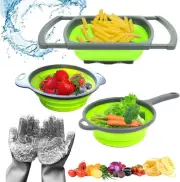 Collapsible Colander- Set of 3 Silicone Kitchen Strainers with Gloves Dishwasher