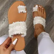 [SWTKO] Women's Flats Sandals Summer Bohemian Pearl Flip-Flop Slides Comfort Clip Toe Slip on Slippers Casual Beach Walking Shoes,Beige,US10/EU41