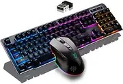 Rechargeable Keyboard and Mouse,Suspended Keycap Mechanical Feel Backlit Gaming Keyboard Mouse Set-Wireless 2.4G Drive Free,Adjustable Breathing Lamp,Anti-ghosting,12 Multimedia Keys (Black-Combo)