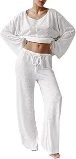 [Hilinker] Women's Sheer Mesh 2 Piece Pajama Set See Through Long Sleeve Top and Pants Lounge Sets