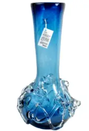 ION TAMAIAN Art Glass Aqua Hand Blown Bottleneck Vase Fused Glass Romania New