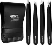 YNR® German Eyebrow Hair Tweezers Precision Pointed Straight Slant Tip | Set of 4 | Stainless Steel Tweezers for Men & Women (Black)