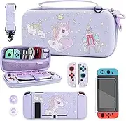 RHOTALL Cute Unicorn Carrying Case Set for Nintendo Switch, Purple Storage Case for Switch and Accessories with Protective Case, Screen Protector, Adjustable Shoulder Strap and 2 Thumb Caps