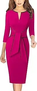 [VFSHOW] Womens Front Zipper Tie Waist Bow Slim Work Business Office Party Bodycon Pencil Sheath Dress, Hot Pink and Black Piping, Medium