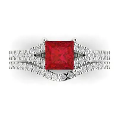 3.36Ct Ruby - Princess Cut Solid 14K/18K Gold Wedding Bridal Set (Ring + Band)