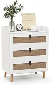 Giantex Nightstand, Modern End Table Bedside Table with 3 Rattan Decorated Drawers for Small Spaces, White Finish Bed Side Tables Boho Accent Table for Living Room, Bedroom, White (3 Drawer)