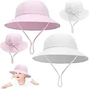 [Risipu] 2 Pcs Baby Sun Hat Cotton Soft Bucket Hat Fishing Hats with Adjustable Bow Head Tie and Chin Strap for 0-24 Months Newborn Kids Girls Boys