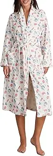 [Owl's-Yard] Women's Soft Summer Dressing Gown Floral Fruit Print Plush Shawl Collar Bathrobe Warm Lounge Robe with Belt