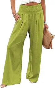 [Generic] Womens Flowy Pants Women Linen Palazzo Pants Summer Wide Leg Casual Lounge Pant Green