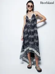 River Island Black Monochrome Palm Print Maxi Dress (AY8626) | $115