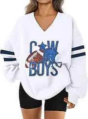 [ASTANFY] Game Day Sweatshirt Women Sequin Football Sweatshirts Vintage Sunday Funday Graphic Sweater Gameday Long Sleeve Shirt