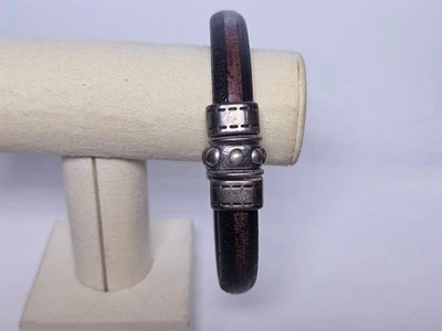 8.5 '' Silver Brown Chunky Leather Bracelet