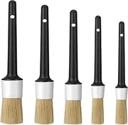 Car Detailing Brush, 5 Pcs Boar Hair Detail Brush, Detailing Brush Set for Cleaning Wheels, Dashboard, Engine, Interior, Air Vents, Emblems (White)