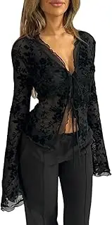 [ZGMYC] Women's Sheer Mesh Leopard Print Crop Top T Shirt Sexy Lace Deep V Neck Blouse Long Flare Sleeve Slim Tee Shirt