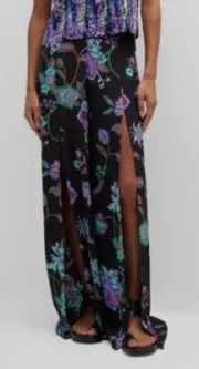 $1490 Etro Women's Black Floral-Print Thigh-Split Wide-Leg Pants Size IT44/US8