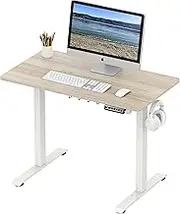 SHW 100 x 55 cm Electric Height Adjustable Sit to Stand Desk with Hanging Hooks and Cable Management, White Frame and Maple Top