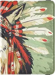 [Amooorous] Western Cowboy Indian Headdress Tribal Wolf Green Leather decorative passport book holder Travel Documents Organizer Protector Cute Passport Book Waterproof, Western cowboy Indian headdress Tribal