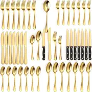 49 Piece Gold Silverware Set Service 8 Stainless Steel Gold Flatware Serving Set