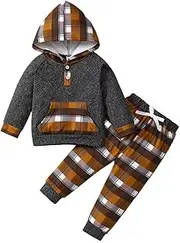 [Tepuce] Toddler Baby Boy Clothes Fall Winter Outfits Long Sleeve Plaid Button Hoodie Tops Sweatshirt Pants Set 12 Months-5T