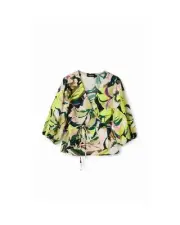 Desigual Floral Print Wrap Blouse Abstract Blooms Women Green Shirts