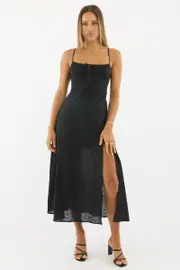 Black Midi Dress Gathered Bust Eyelet Fabric - Size 16XL, Women's Midi Dress