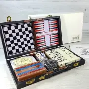 Harrah's Casino Game Set in Case Chess Cribbage Dominos Backgammon Checkers NEW