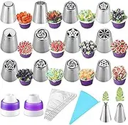 Suuker 27 Pcs Russian Piping Tips Set, Cake Decorating Tips Baking Supplies for Cupcake Cookies Birthday Party (12 Icing Tips 10 Pastry Baking Bags 2 Leaf Piping Tips 2 Couplers 1 Silicone Bag)