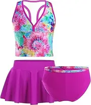 [Lejafay] Kids Girls 3PCS Swimsuit Hawaiian Swimwear Floral Printed Tankinis Set Bathing Suit