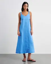 [Jag] Jag Women's Sara Linen Midi Dress In Azure Navy Size 14 14 Navy