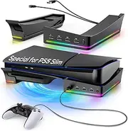 Horizontal Stand with RGB Light for PS5 Slim, Laydown Base Holder for Playstation 5 Slim Disc/Digital Edition with 14 Colorful Light & 4 USB Port, Stable Bracket for PS5 Slim Accessories- Black