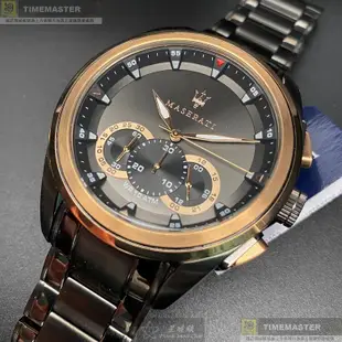 MASERATI手錶,編號R8873612016,46mm黑圓形精鋼錶殼,黑玫瑰金色三眼, 運動錶面,深黑色精鋼錶帶款