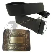Real Leather Kilt Belt Plain Black Scottish Thistle Buckle Antique Finish S,M,L